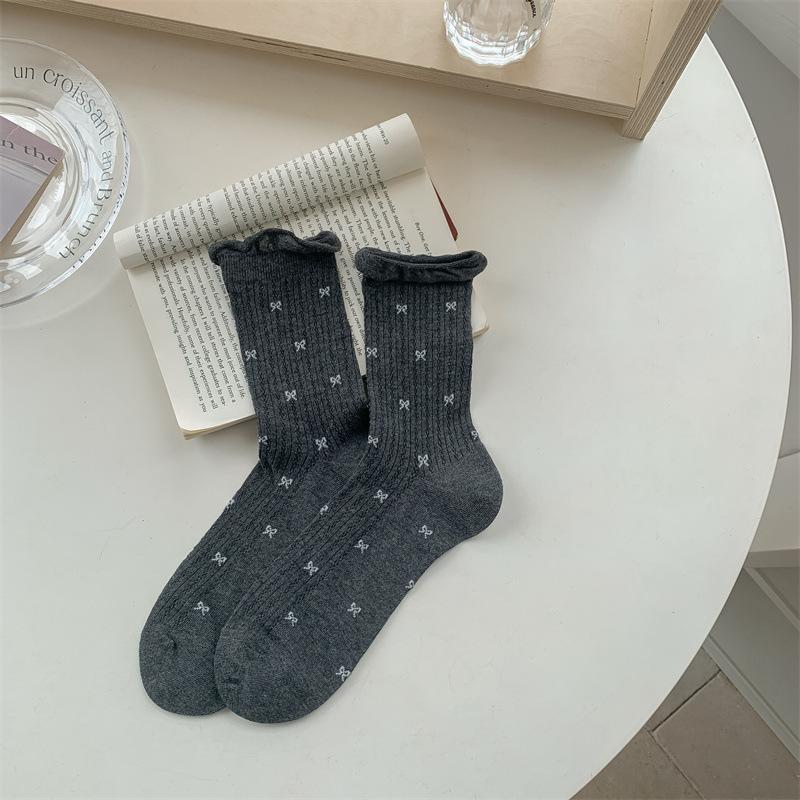 Spring and Summer Socks for Women: Thin Combed Cotton Mid-calf Socks with Mesh, Black Ear Trim, Bow, Long Calf Pile Socks