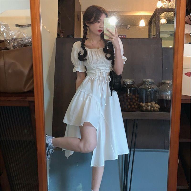 Irregular Hem Solid Color Dresses Female Summer Design Sense Bubble Sleeve Dress