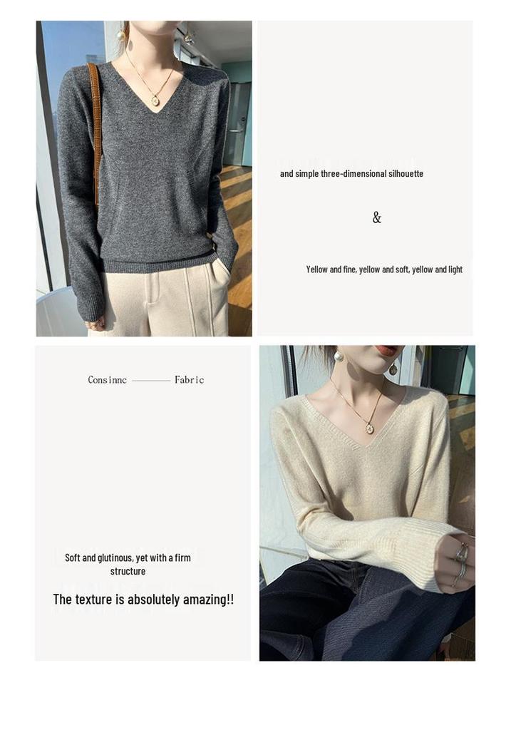 Women's V-Neck Wool Sweater: Slim Fit, Long Sleeve, Knit Base Layer for Autumn & Winter