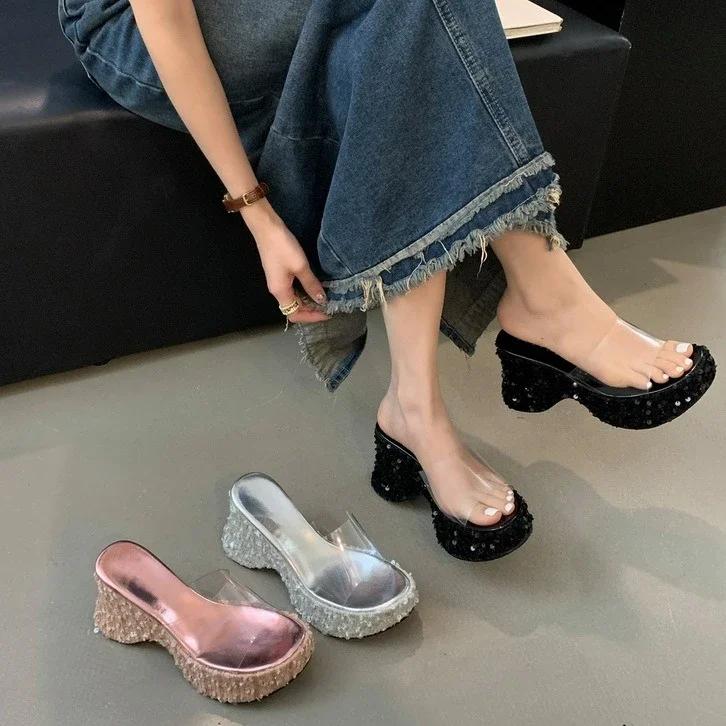 Fashion Slippers Women Summer High-Heeled Shoes Lady Slides Platform On A Wedge Pink Transparent Scandals Pumps Transparent Slippers Wom