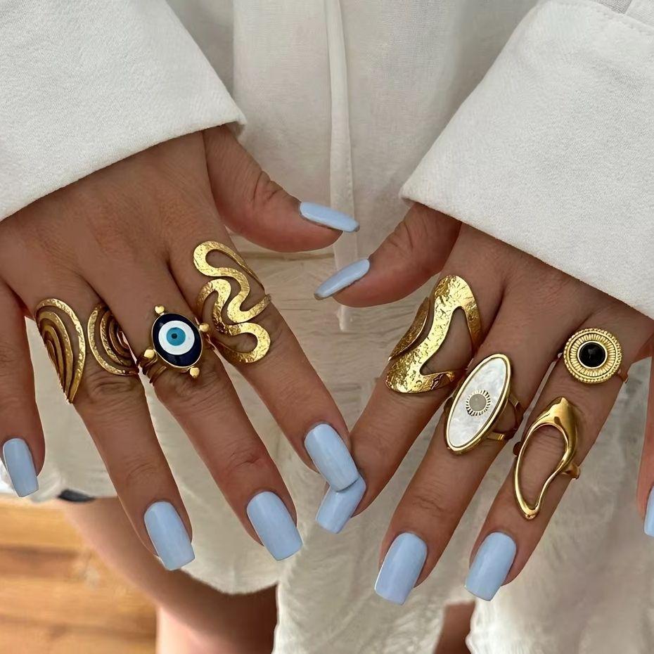 Stainless Steel Chunky Wide Rings for Women Vintage Gold Color Geometric Spiral Line Finger Ring Charms Waterproof Jewelry