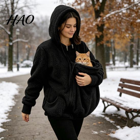 Hands Free Dog Holder Pet Pouch Zip-up Hoodie for Women, Cat Carrying Pocket Hooded Warm Nursing Sweatshirt, Winter Fleece Long Sleeves Jacket Animal