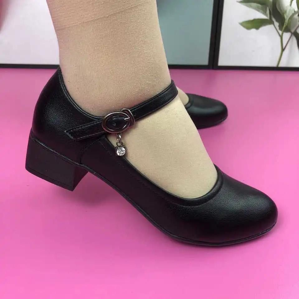  sapatos femininas women cute round toe black soft leather office square heel shoes lady retro elegant work shoes ab572