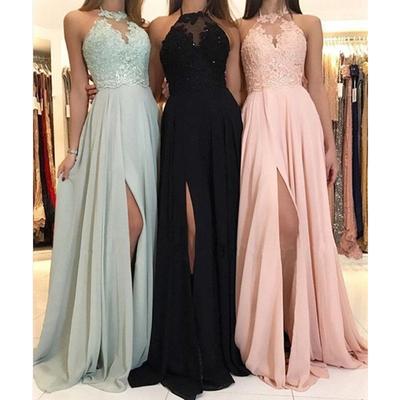 Women Neck Lace Chiffon Ball Evening Dress With Split