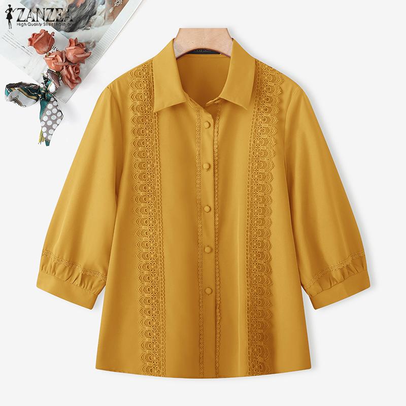 ZANZEA Women Turn Down Collar 3/4 Sleeve Casual Splice Blouse