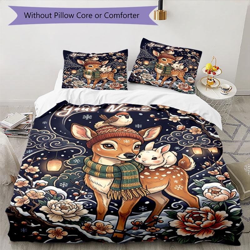 3PC Custom Name Winter Deer Bunny Bedding Set Duvet Cover Closure Includes 1 Duvet Cover & 2 Pillowcases for Bedroom