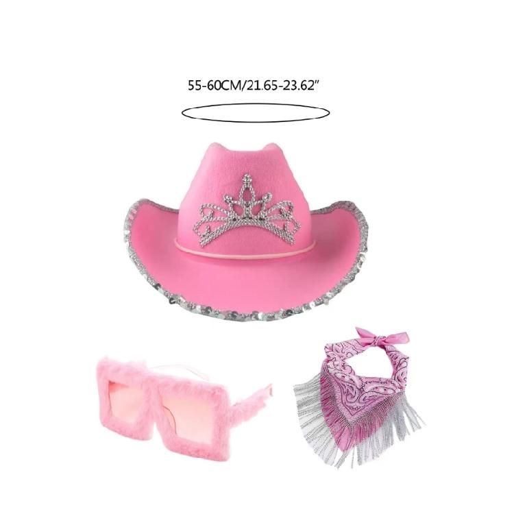 Blingbling Cowgirl Hat Scarf Sequined Brim Hat Scarf and Sunglasses Set