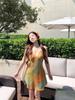Women's Yellow Plaid V-Neck Camisole Dress – Slim Fit A-Line Skirt, Waist-Cinching Design for Summer Vacation