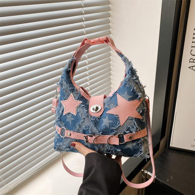 Pink Star Purse and Handbags Aesthetic Plaid Denim Shoulder Bag Punk Leisure Outdoor Crossbody Bag For Women