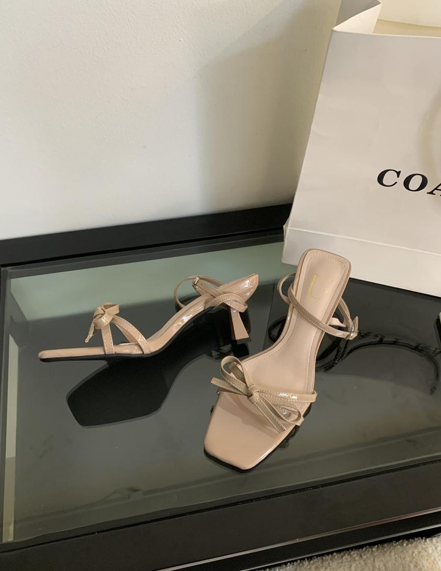 

2025 summer new temperament high heels square head bow stiletto French open-toed outer wear not tired feet sandals women 39 тілесний