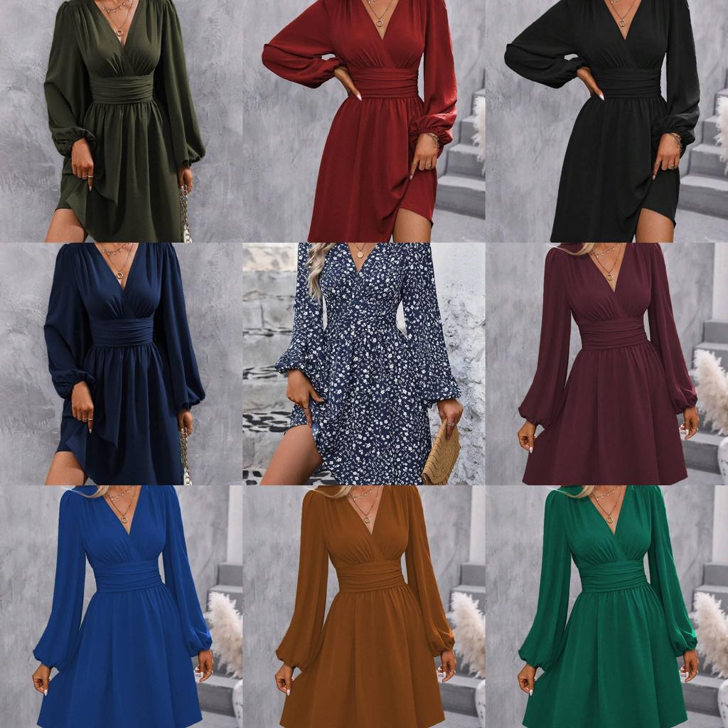 Polyester Vneck Lantern Sleeve Dress With Pleats For Casual And Party Wear