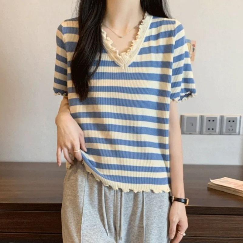 Women Striped V Neck Knit Top - Ice Silk Short Sleeve Cropped Summer Shirt, Lightweight Contrast Trim Tee S синий