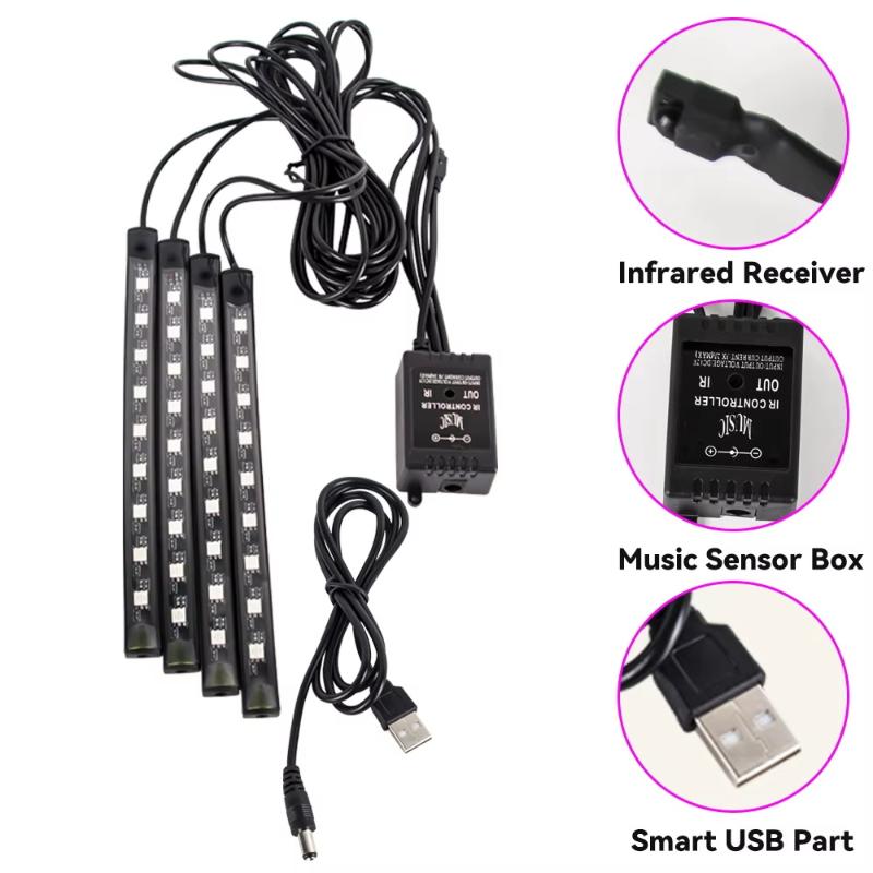 Neon 48 72 Led Car Interior Ambient Foot Light With Usb Wireless Remote Music App Control Auto Rgb Atmosphere Decorative Lamps