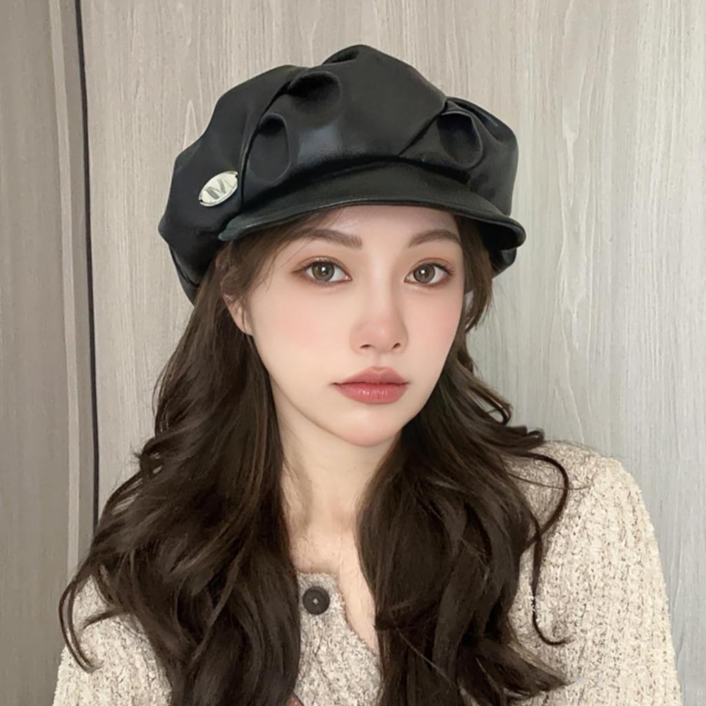PU Leather with UV Slimming [Qzkouma] Women's Casquette, Hat, Autumn/Winter Cap, Brim, Protection, Effect, Stylish, PYUB-170 (Black)