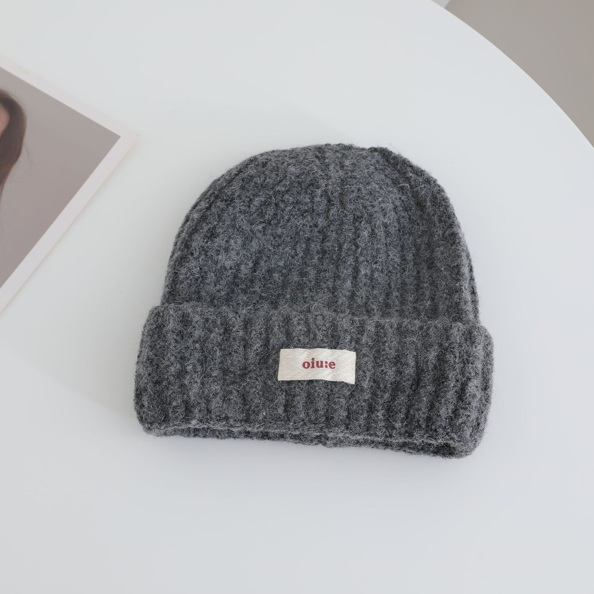 

Japanese Simple Letter Label Knitted Hat for Women in Autumn and Winter New Warm and Cold Hat with Face and Small Ear Protection Hat one size