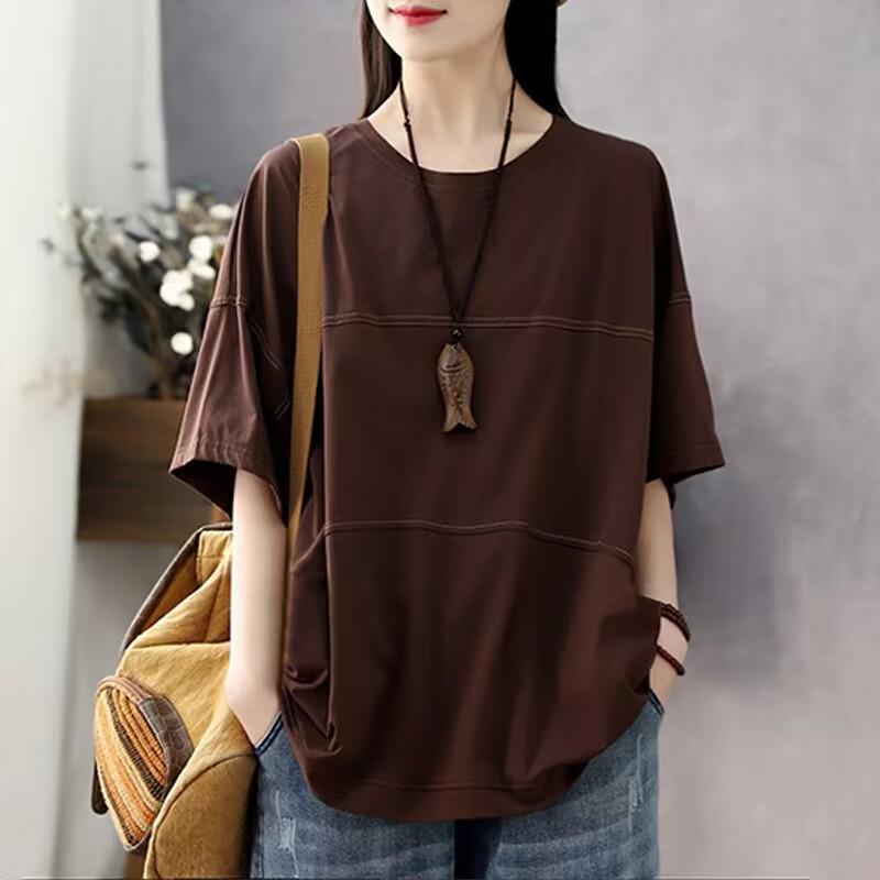

Women s Spring Summer Stripe Patchwork Short-Sleeve Retro T-shirt - Loose Fit, Plus Size Available Large кавовий