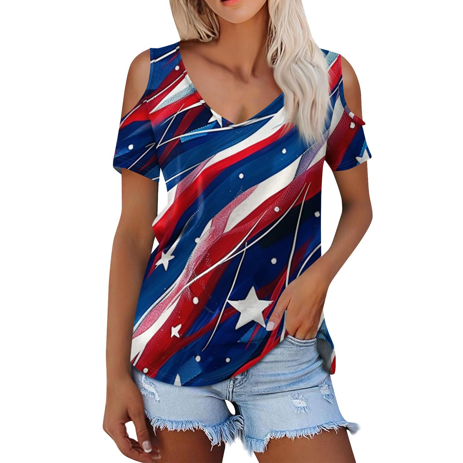 

Женская летняя модная повседневная футболка с открытыми плечами и v-образным вырезом с коротким рукавом и принтом, топ L