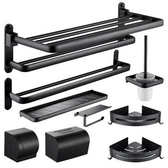 Punch-free Black Aluminum Bathroom Towel Rack and Accessories Set