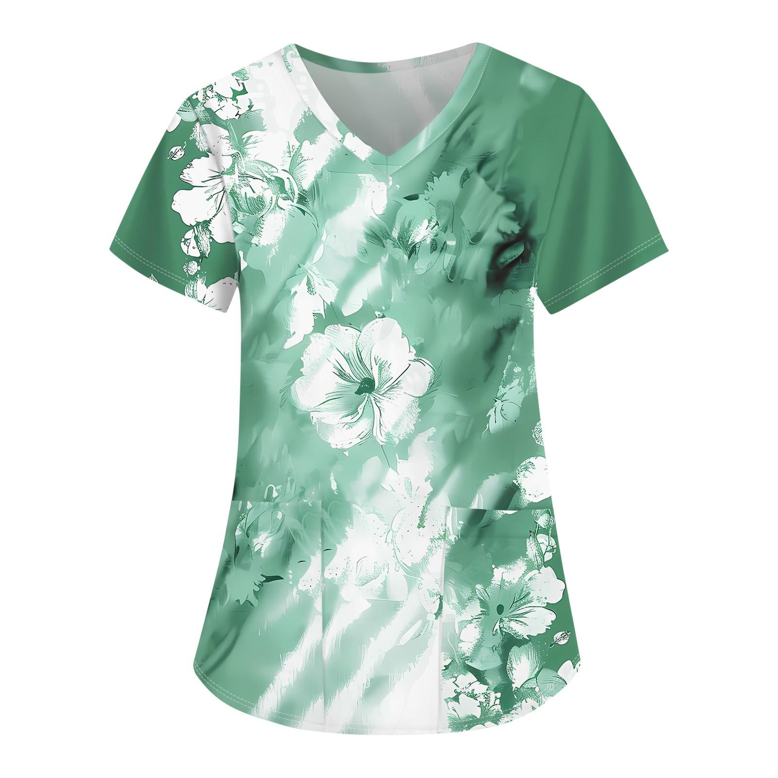 

Женская мода с v-образным вырезом, короткими рукавами и карманами, топы с принтом S