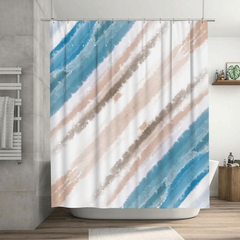Modern Bathroom Shower Curtain With Colorful Stripes Waterproof Fabric Design For Home Decor (Blue Pink) Size 69X72