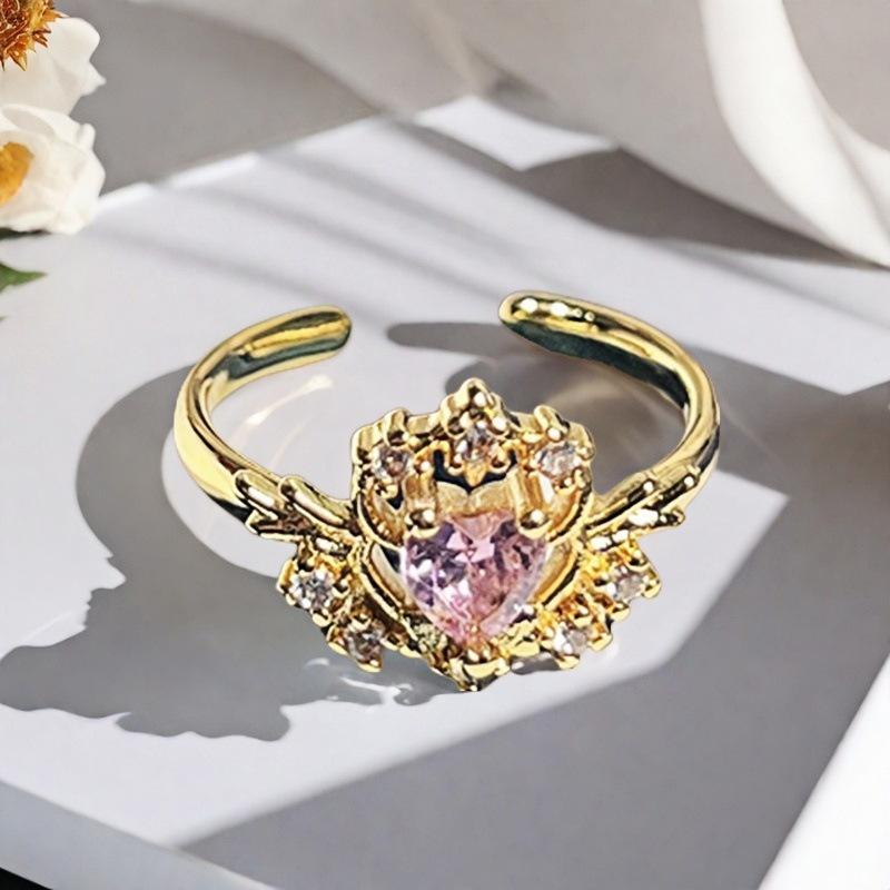 Sweet Girl Heart Pink Love Zircon Crown Open Ring Niche Design Light Luxury High Sense Fashion Ring