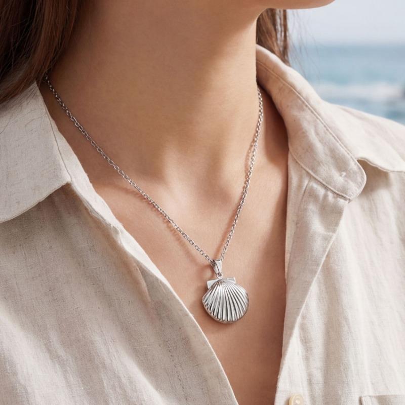 Stainless Steel Shell Heart Locket Necklace Silver Gold Tone For Women