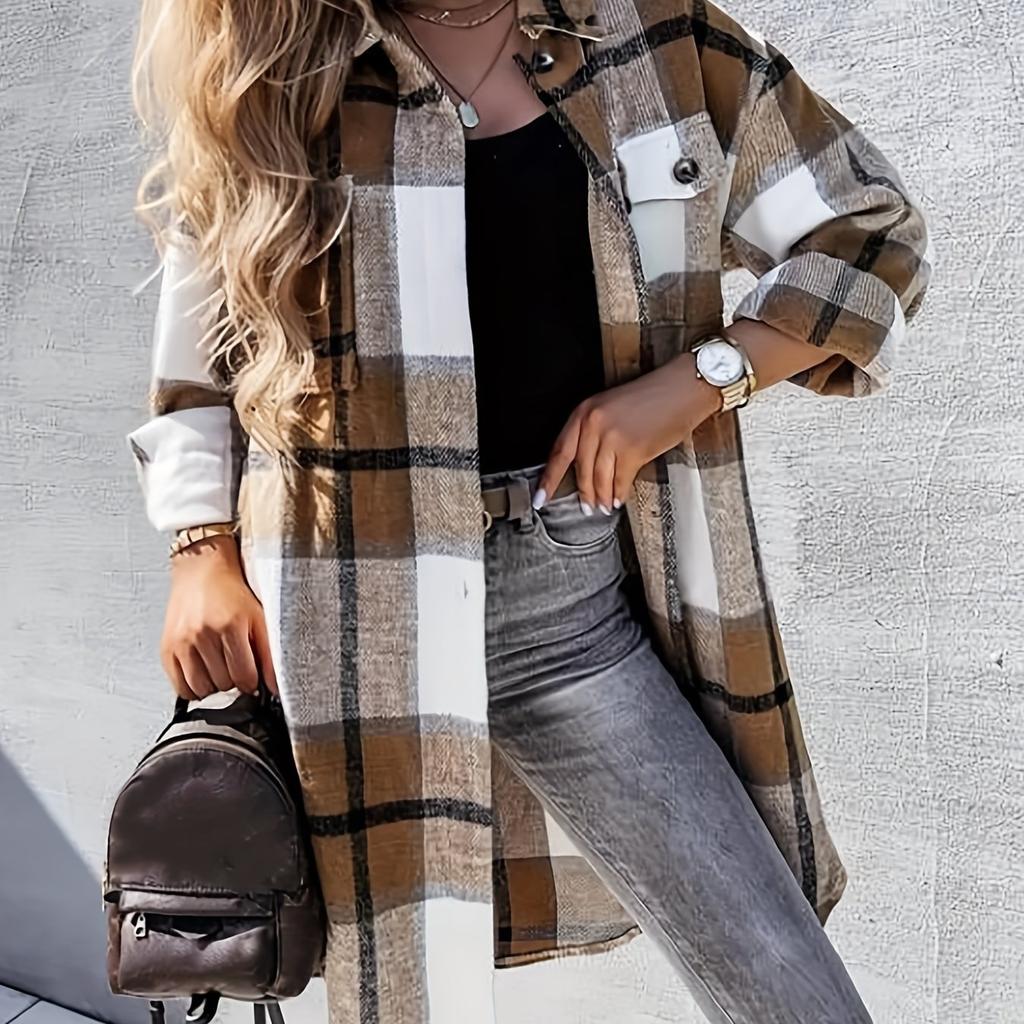 Winter New Cross-border Women's Clothing European And American Loose Casual All-match Mid-length Plaid Shirt Long-sleeved Jacket