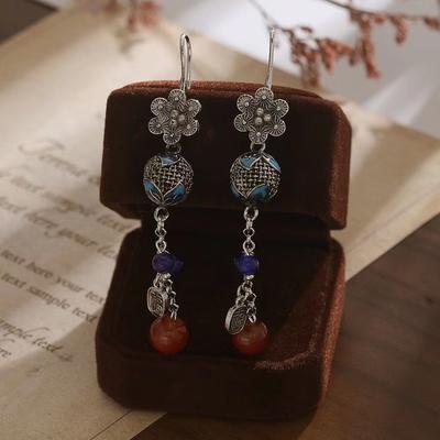 JMXD-stunning! New Chinese-style Small Flower Hollowed-out Burnt Blue Fringed Earrings, Interpreting Retro Ethnic Style