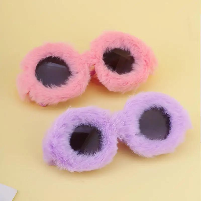 1/7 Kleuren UV400 Pluche Zonnebril Rond Montuur Dames Schattige Pluche Zonnebril UV Bestendig
