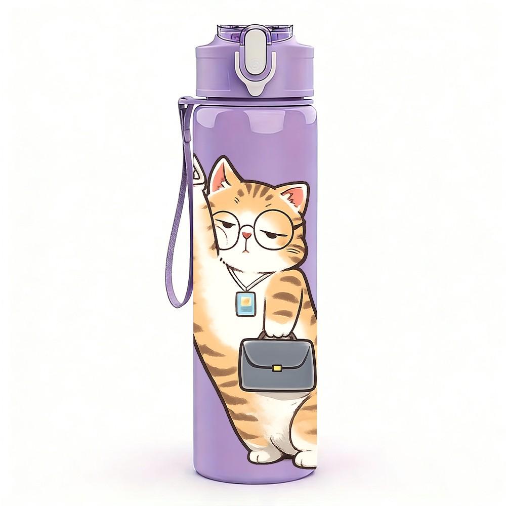 1PC Cat Hold Cell Phone Cartoon Print 750ml Color Plastic Sports Water Bottle Leakproof Flip Straw Lid Suitable for Sports Office Home Use