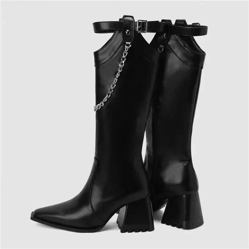 Winter Women Western Knee High Boots Yellow Brown Croc Block Heels Club Party Square Toe Vintage Buckle Chain Lady Cowboy Boots