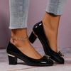 Fashionable Ribbon Detail Women’s Shiny Black Block Heel Pumps 2025 -All-Season Lightweight Synthetic Round Toe with Comfortable