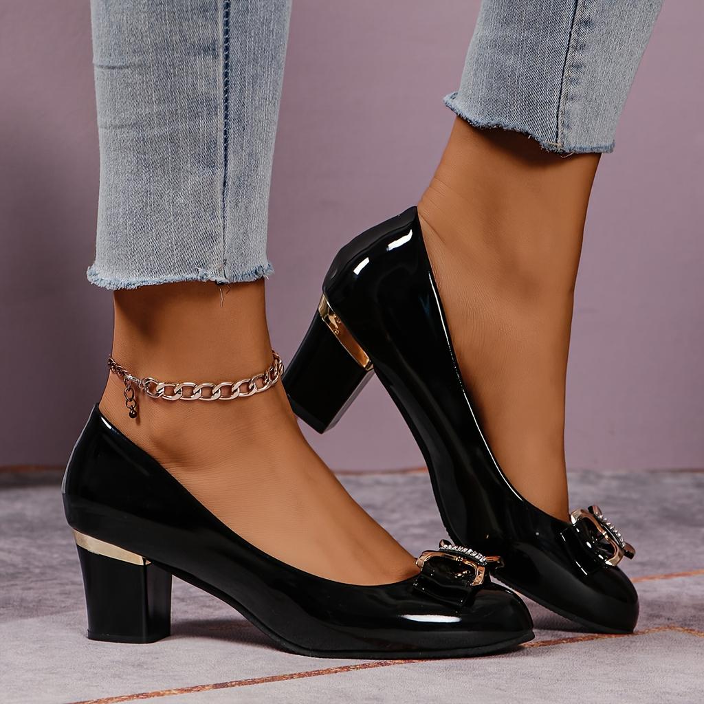 Fashionable Ribbon Detail Women’s Shiny Black Block Heel Pumps 2025 -All-Season Lightweight Synthetic Round Toe with Comfortable