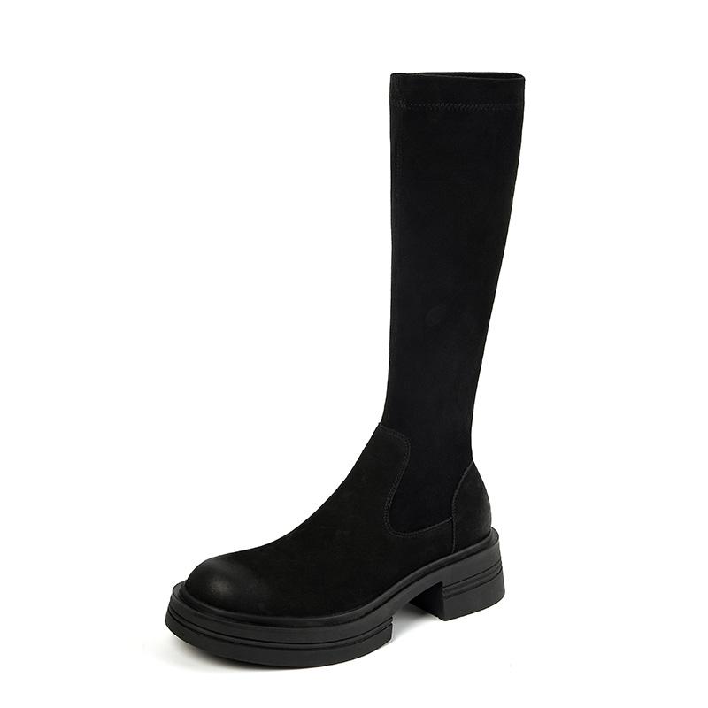 NEW Fall Women Shoes Round Toe Chunky Shoes Women Winter Split Leather Knight Boots Thick Heel Knee High Boots Retro Boots Women