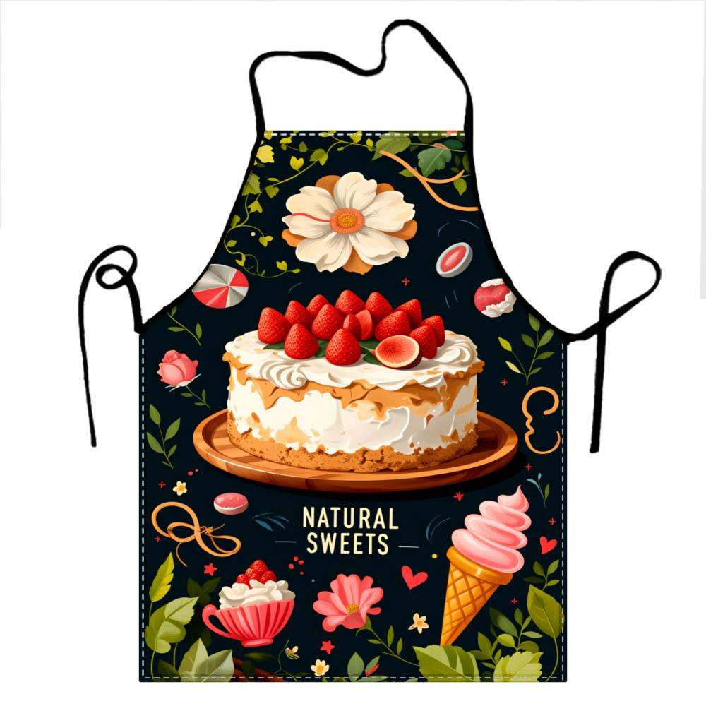Natural Sweets Apron With Strawberry Cake And Ice Cream Design For Baking And Cooking