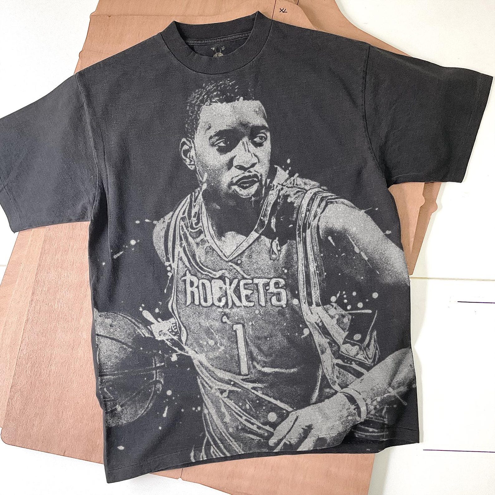 Tracy McGrady Bleached T-Shirt: Handmade Faded Black Cotton Unisex Tee 3XL