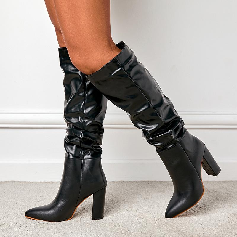 Fashion Sexy Nightclub Stripper Heels Fashion Pleated Pointed Toe Motorcycle Over Knee Boots Women Thigh High Long Shoes Platform Boots