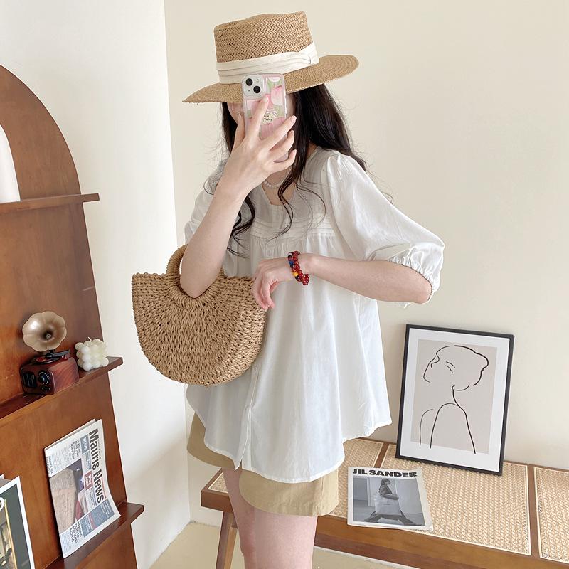 

Women s Korean Style Puff Sleeve Blouse - White Accordion Pleat Summer Top XL белый