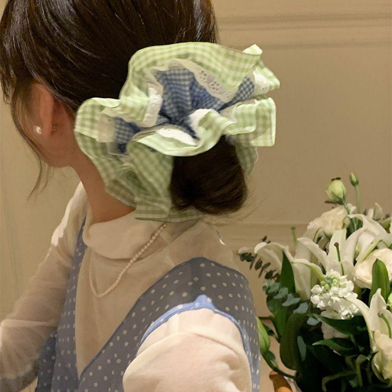 1pc Fresh blue-green~Double layered lace plaid large intestine headband, high-end hair accessory, headband