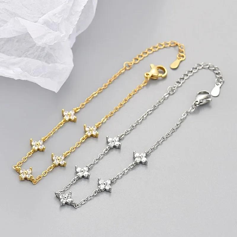 925 Silver Zircon Flower Bracelet For Women Elegant Charm Chain Jewelry Wedding Party Holiday Gift