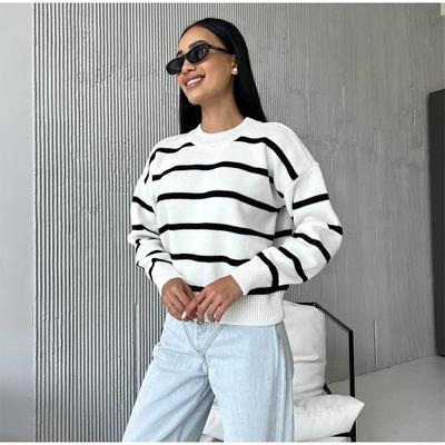 Winter Autumn Loose Round Neck Striped Knitted Pullover Women Long Sleeve Casual O-neck Sweater