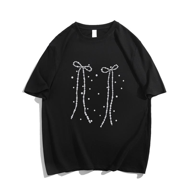 

Large size loose cotton short-sleeved t-shirt women s new spring and summer fat mm meat covering and thin black bow trendy M чёрный