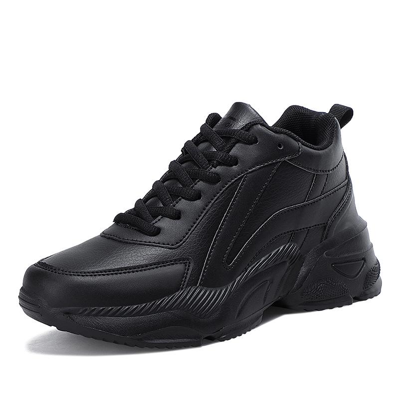 Ganzschwarze Leder-Sportschuhe für Damen: Wasserdichte, dicke Sohle, bequem, rutschfeste KFC Küchenarbeitschuhe für Frühling und Herbst.