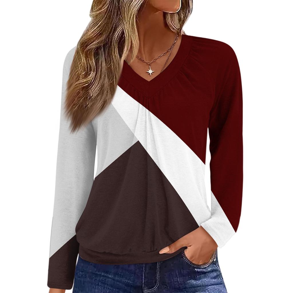 Women's Casual Fashion V-Neck Raglan Pleated Floral Print Long Sleeve Top