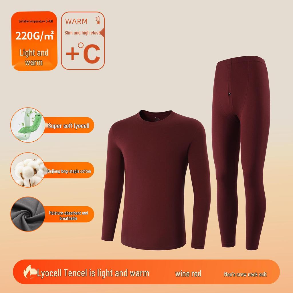 Men's Tencel Lyocell & Cotton Thermal Underwear Set: Antibacterial, Plus Velvet, Autumn Round Neck Top & Trousers