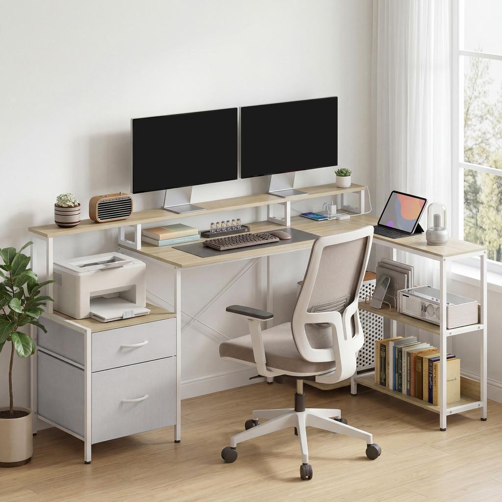 Corner Desk, Power Outlets, RGB LED, Monitor Stand, 2 Drawers, 172 x 100 cm, White