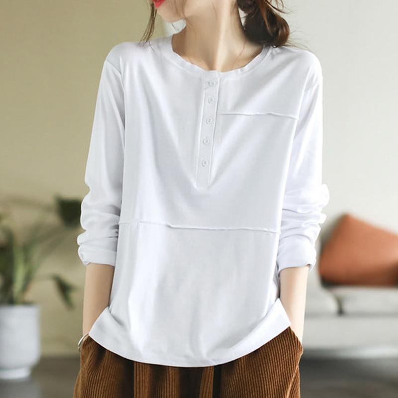 Kadın Modası Vintage Katı Düğmeler Uzun Kollu Temel Tişörtler İlkbahar Sonbahar Basit Günlük O Yaka Bol Kazak Üstler
