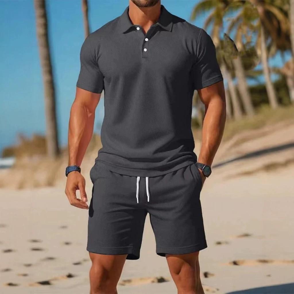 Herren Sommer-Zweiteiler Einfarbiges Kurzarm-Polohemd Shorts mit Kordelzug und elastischem Bund Lässiges Strand-Geh-Trainingsanzug-Set