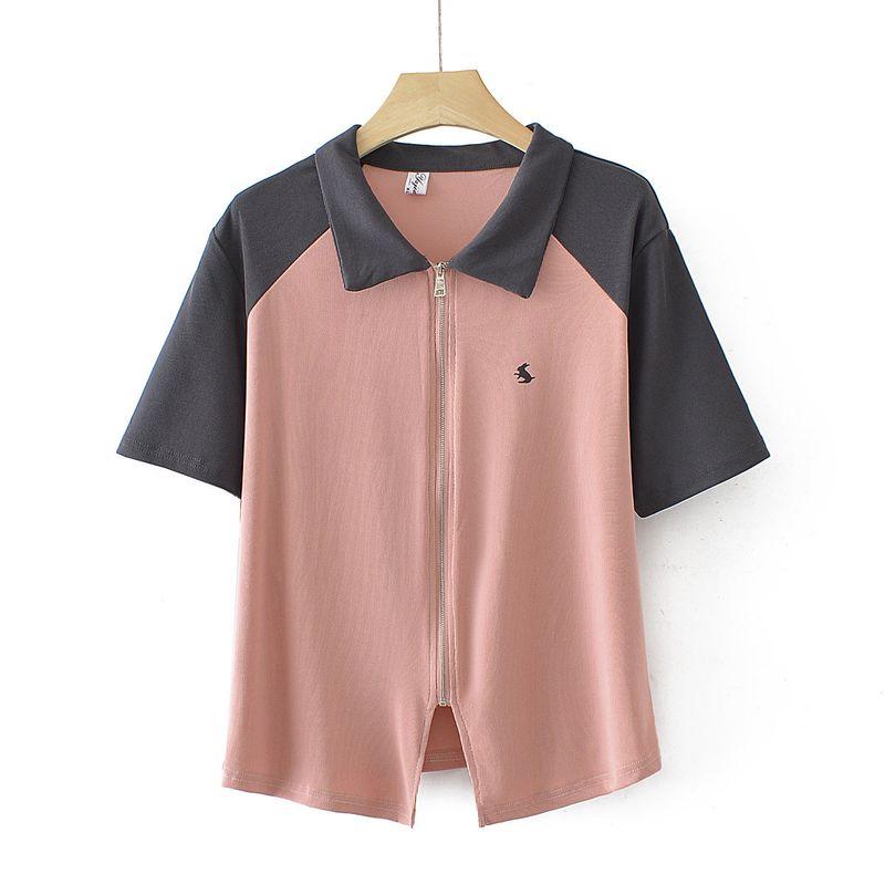 

Clearance Sale Plus Size Women s Fashion Summer Color Block Ribbed Stretch Zipper Polo Collar Printed Short Sleeve T-Shirt Pink XL