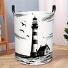 1pc, Dokriy, Black Lighthouse Pattern Laundry Basket, Foldable Round Clothes Basket with Reinforced Handle, Vintage Nautical Seagull Print Laundry Sto